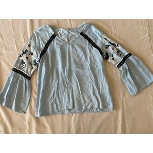 One Hart Women's Blouse Small Blue Bell Sleeve Boho Top 100% Tencel Chochet Trim